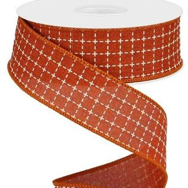 Wired Ribbon * Raised Stitched Squares * Rust and Cream * 1.5" x 10 Yards * Canvas * RGA104474