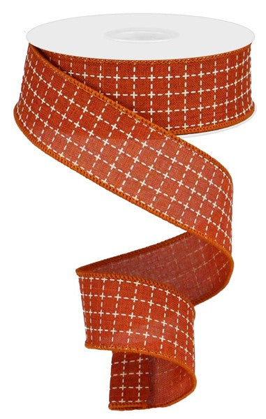 Wired Ribbon * Raised Stitched Squares * Rust and Cream * 1.5" x 10 Yards * Canvas * RGA104474
