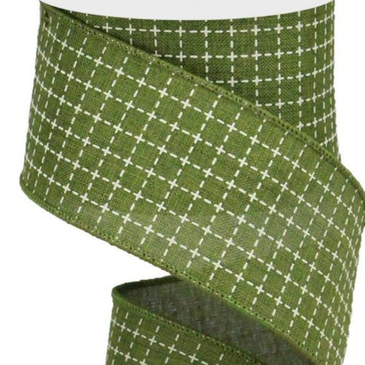 Wired Ribbon * Raised Stitched Squares * Moss Green and Cream Canvas * 2.5" x 10 Yards * RGA104536