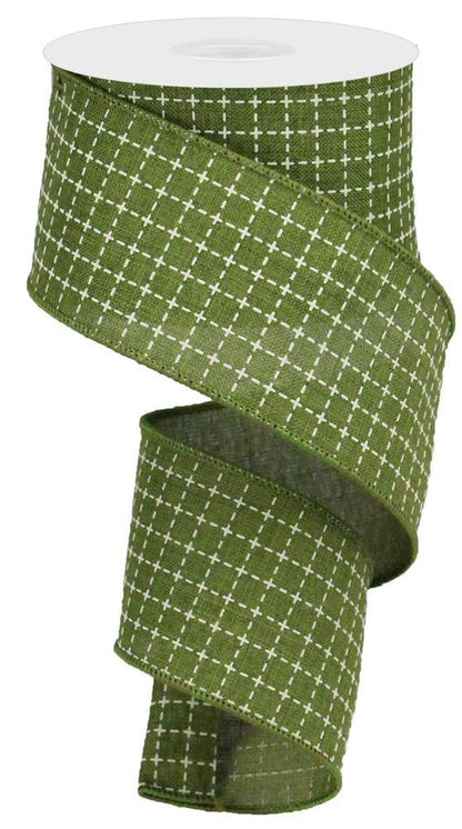 Wired Ribbon * Raised Stitched Squares * Moss Green and Cream Canvas * 2.5" x 10 Yards * RGA104536