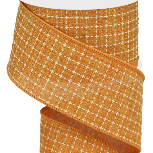 Wired Ribbon * Raised Stitched Squares * Talisman Orange and Cream Canvas * 2.5" x 10 Yards * RGA10455T