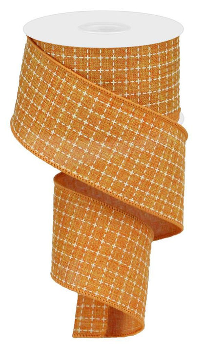Wired Ribbon * Raised Stitched Squares * Talisman Orange and Cream Canvas * 2.5" x 10 Yards * RGA10455T