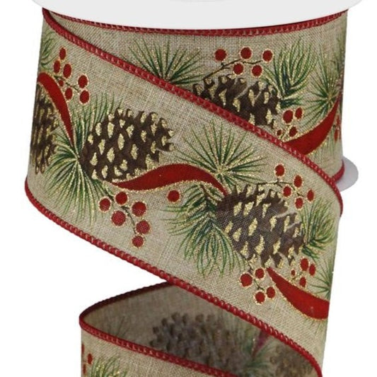 Wired Ribbon * Pinecone, Needles and Berries * Lt. Beige, Green, Red, Brown and Gold Glitter Canvas * 2.5" x 10 Yards * RGA1065R2