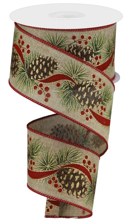 Wired Ribbon * Pinecone, Needles and Berries * Lt. Beige, Green, Red, Brown and Gold Glitter Canvas * 2.5" x 10 Yards * RGA1065R2