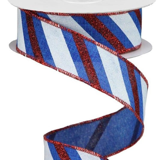 Wired Ribbon * Diagonal Glitter Stripes * Red, White and Royal Blue Canvas * 1.5" x 10 Yards * RGA107525