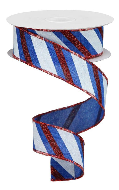 Wired Ribbon * Diagonal Glitter Stripes * Red, White and Royal Blue Canvas * 1.5" x 10 Yards * RGA107525