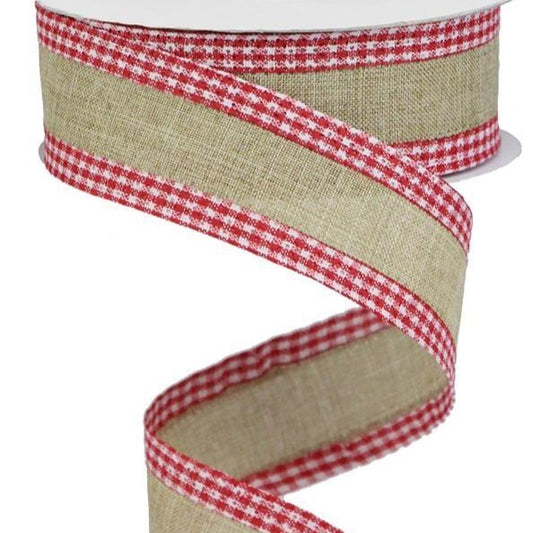 Wired Ribbon * Faux Burlap with Gingham Edge * Beige, Red and White Canvas * 1.5" x 10 Yards * RGA1098R3
