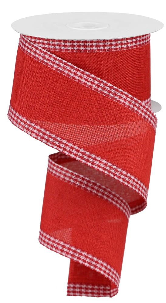 Wired Ribbon * Solid Red with Gingham Check Edge * Red and White * 2.5" x 10 Yards * RGA1099F3