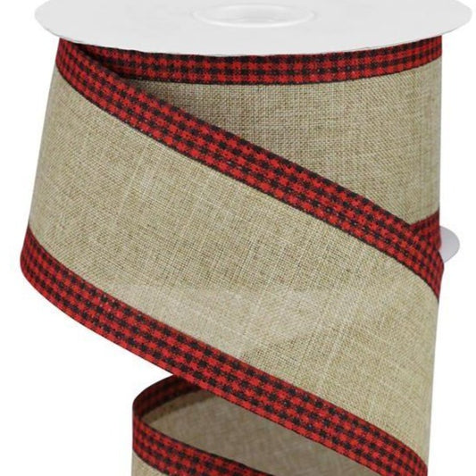 Wired Ribbon * Solid Beige with Gingham Check Edge * Beige, Red and Black * 2.5" x 10 Yards * RGA1099W4