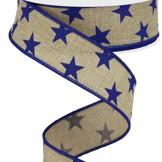 Wired Ribbon * Stars * Light Beige and Navy Blue Canvas * 1.5"  x 10 Yards * RGA111501