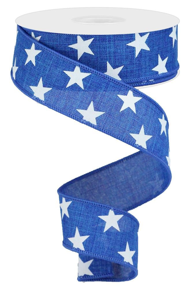 Wired Ribbon * Stars * Royal Blue and White Canvas * 1.5"  x 10 Yards * RGA111525
