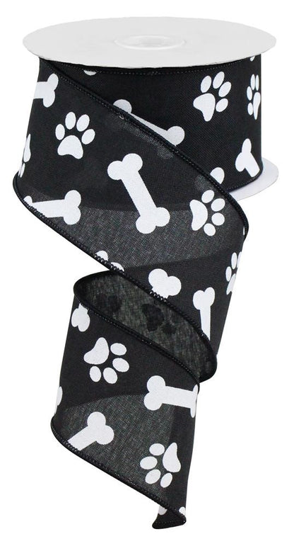 Wired Ribbon * Dog Paw Prints and Bones * Black and White * 2.5" x 10 Yards * RGA115102 * Canvas