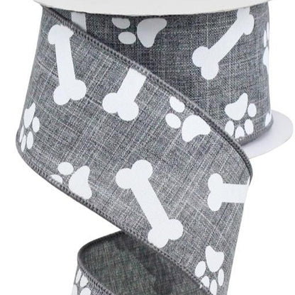 Wired Ribbon * Dog Paw Prints and Bones * Grey and White * 2.5" x 10 Yards * RGA115110 * Canvas
