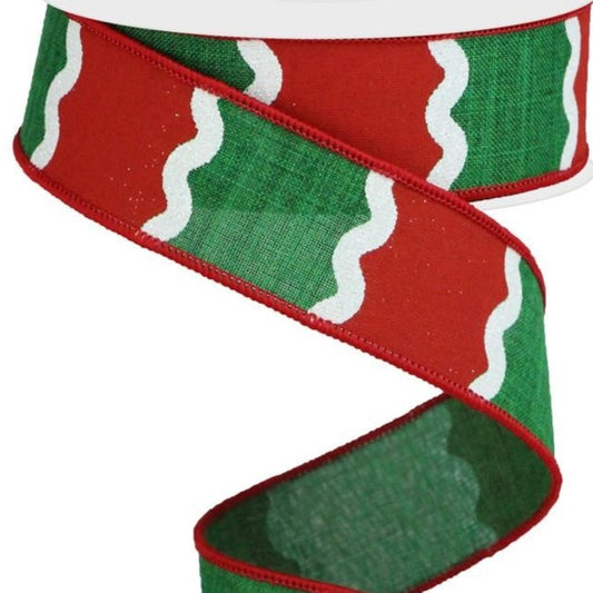 Wired Ribbon * Wavy Stripes * Red, Emerald Green and White * 1.5" x 10 Yards * Canvas * RGA116306