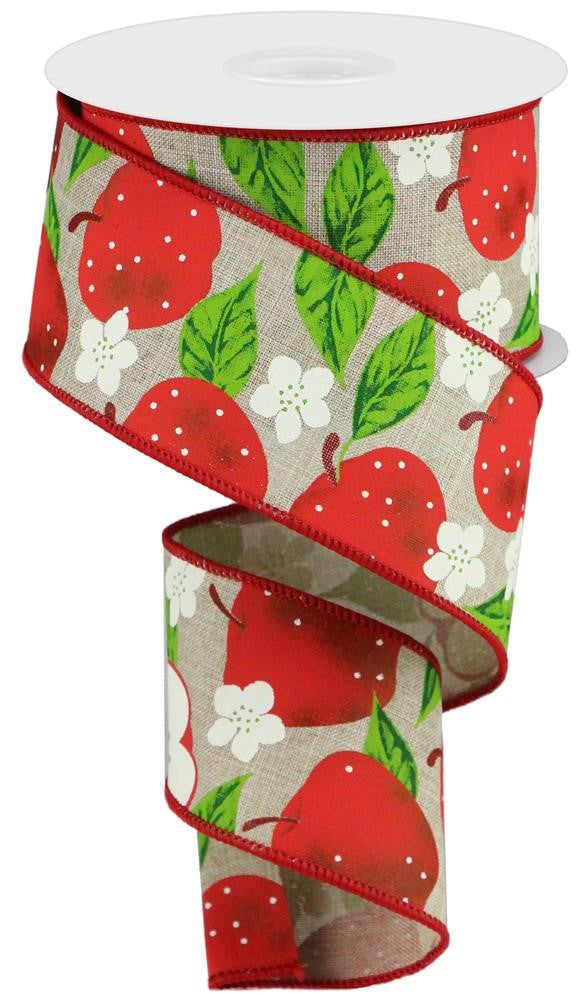 Wired Ribbon * Apples * Natural, Red, Green and White Canvas * 2.5" x 10 Yards * RGA118818