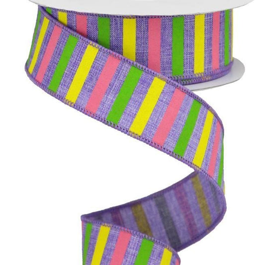 Wired Ribbon * Horizontal Stripe * Lavender, Yellow, Green and Light Pink Canvas * 1.5" x 10 Yards * RGA120413