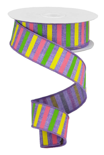 Wired Ribbon * Horizontal Stripe * Lavender, Yellow, Green and Light Pink Canvas * 1.5" x 10 Yards * RGA120413