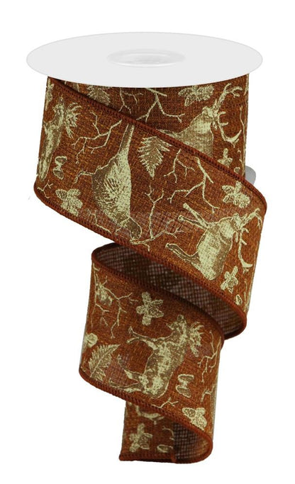 Wired Ribbon * Woodland Animals * 2.5" x 10 Yards * Tan, Rust, Ivory and Brown  Cross Canvas * RGA1243J1 (discontinued)