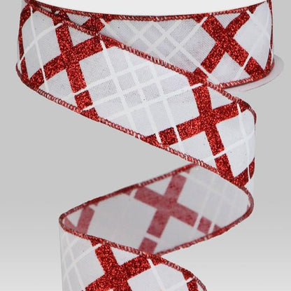 Wired Ribbon * Glitter Diagonal Plaid * Red and White * 1.5" x 10 Yards * Canvas * RGA124727