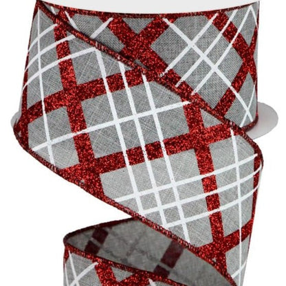 Wired Ribbon * Glitter Diagonal Plaid * Lt. Grey, Red and White 2.5" x 10 Yards * RGA124810 * Canvas