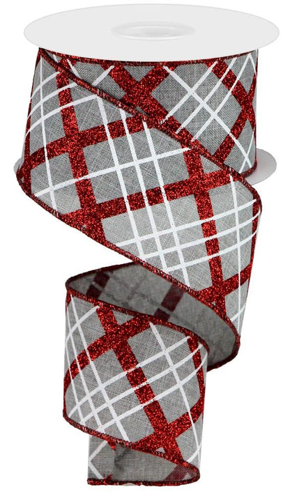 Wired Ribbon * Glitter Diagonal Plaid * Lt. Grey, Red and White 2.5" x 10 Yards * RGA124810 * Canvas