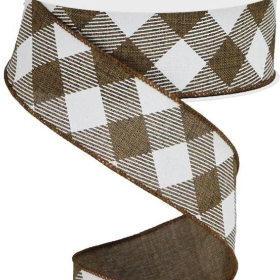 Diagonal Check Pattern Wired Ribbo Wired Ribbon * Diagonal Check * Brown and White * 1.5