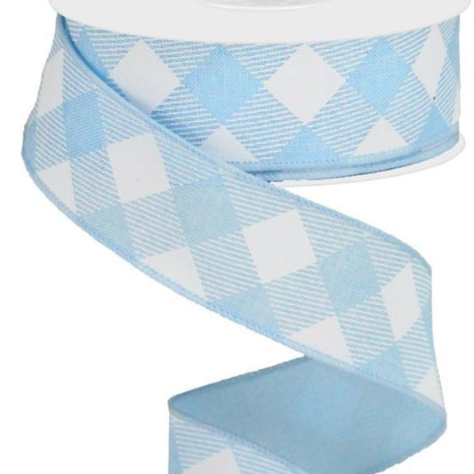 Wired Ribbon * Diagonal Check * Pale Blue and White * 1.5" x 10 Yards * RGA126414  * Canvas