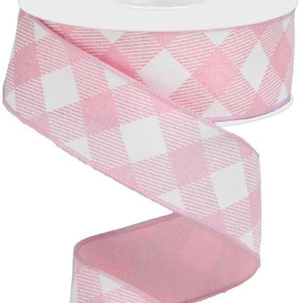 Wired Ribbon * Diagonal Check * Light Pink and White Canvas * 1.5" x 10 Yards * RGA126415