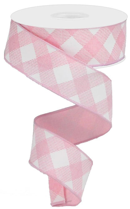 Wired Ribbon * Diagonal Check * Light Pink and White Canvas * 1.5" x 10 Yards * RGA126415