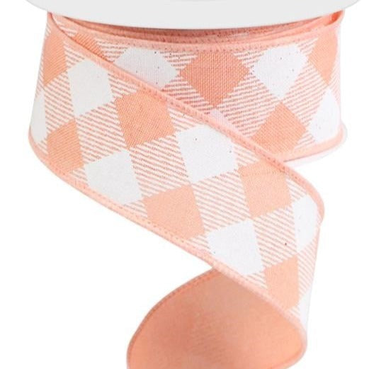 Wired Ribbon * Diagonal Check * Peach and White * 1.5" x 10 Yards * RGA126421  * Canvas