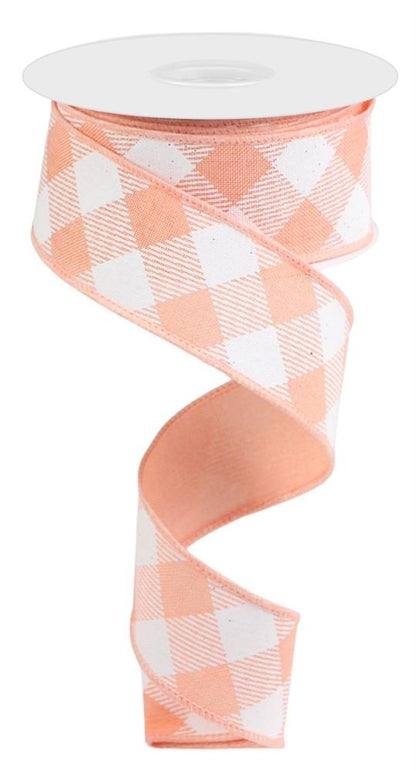 Wired Ribbon * Diagonal Check * Peach and White * 1.5" x 10 Yards * RGA126421  * Canvas