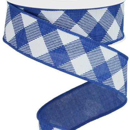 Wired Ribbon * Diagonal Check * Royal Blue and White * 1.5" x 10 Yards * RGA126425  * Canvas