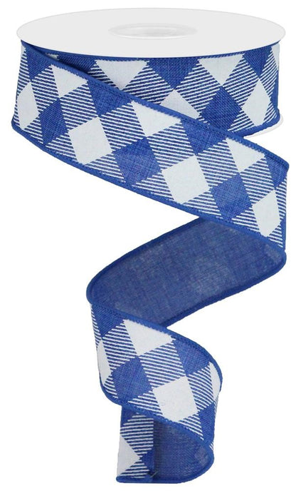 Wired Ribbon * Diagonal Check * Royal Blue and White * 1.5" x 10 Yards * RGA126425  * Canvas