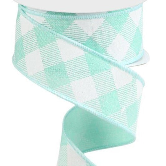 Wired Ribbon * Diagonal Check * Mint Green and White * 1.5" x 10 Yards * RGA1264AN  * Canvas