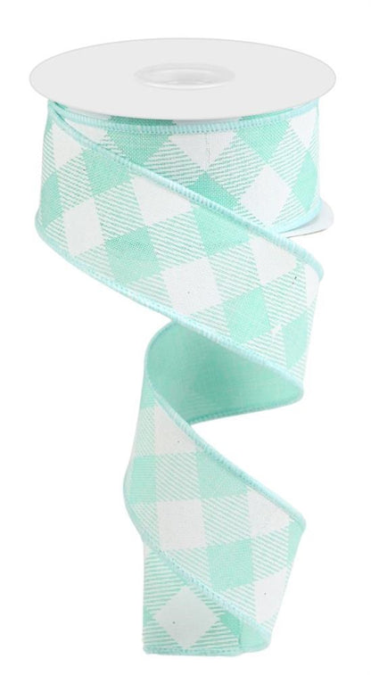 Wired Ribbon * Diagonal Check * Mint Green and White * 1.5" x 10 Yards * RGA1264AN  * Canvas