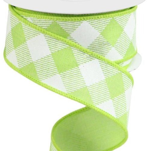 Wired Ribbon * Diagonal Check * Bright Green and White * 1.5" x 10 Yards * RGA1264H2  * Canvas