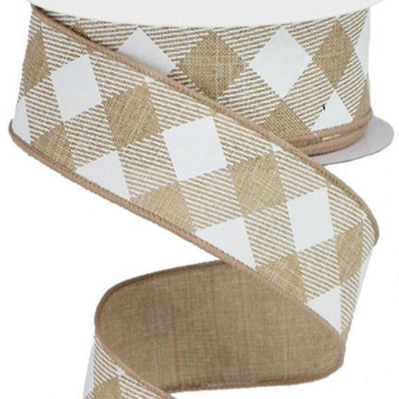 Wired Ribbon * Diagonal Check * Light Tan and White * 1.5" x 10 Yards * RGA1264JW  * Canvas