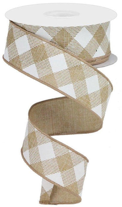 Wired Ribbon * Diagonal Check * Light Tan and White * 1.5" x 10 Yards * RGA1264JW  * Canvas