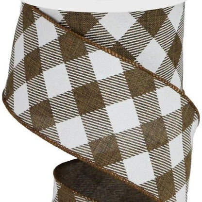 Wired Ribbon * Diagonal Check * Brown and White Canvas * 2.5" x 10 Yards * RGA126504