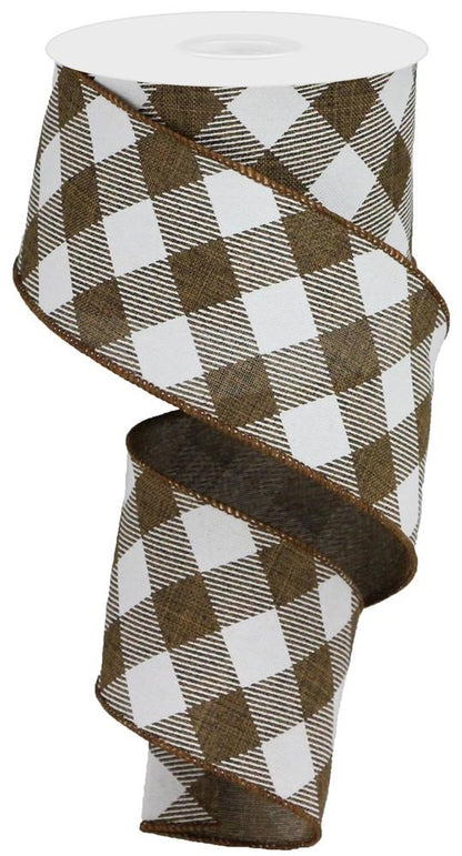 Wired Ribbon * Diagonal Check * Brown and White Canvas * 2.5" x 10 Yards * RGA126504