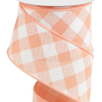 Wired Ribbon * Diagonal Check * Peach and White Canvas * 2.5" x 10 Yards * RGA126521