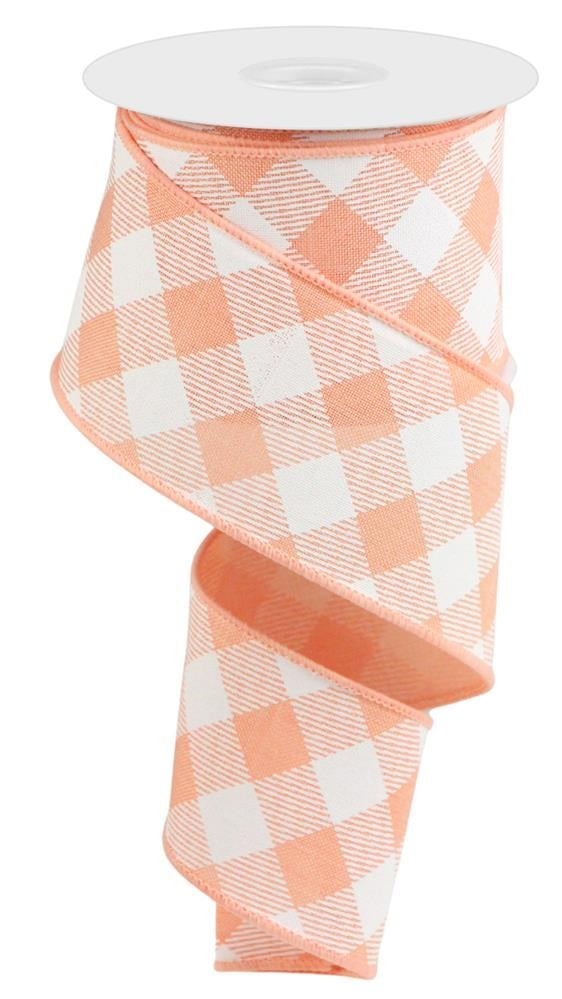 Wired Ribbon * Diagonal Check * Peach and White Canvas * 2.5" x 10 Yards * RGA126521