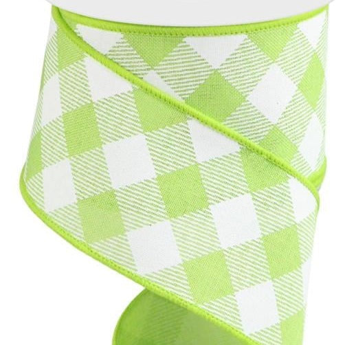 Wired Ribbon * Diagonal Check * Bright Green and White Canvas * 2.5" x 10 Yards * RGA1265H2