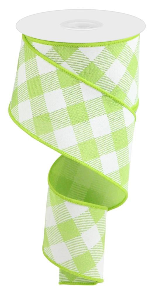 Wired Ribbon * Diagonal Check * Bright Green and White Canvas * 2.5" x 10 Yards * RGA1265H2