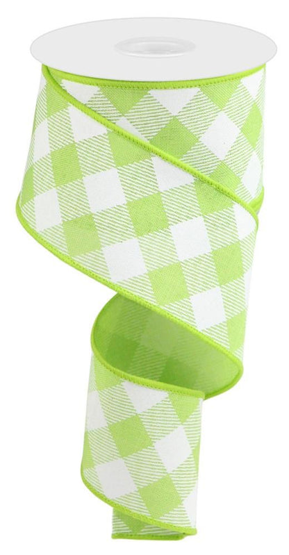 Wired Ribbon * Diagonal Check * Bright Green and White Canvas * 2.5" x 10 Yards * RGA1265H2