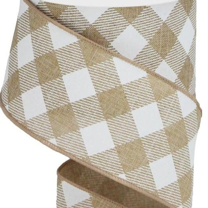 Wired Ribbon * Diagonal Check * Light Tan and White Canvas * 2.5" x 10 Yards * RGA1265JW