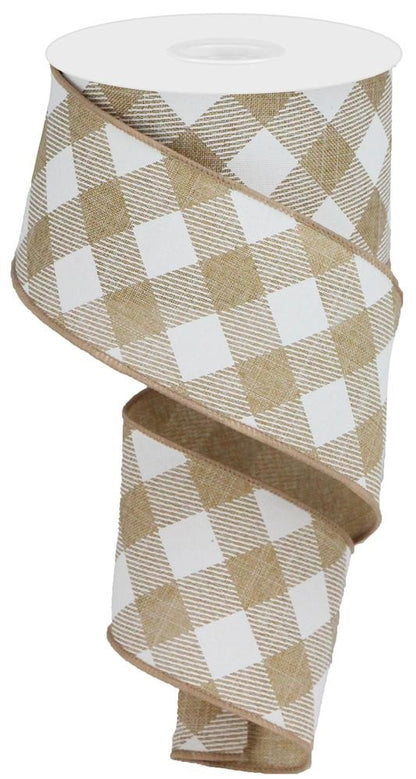 Wired Ribbon * Diagonal Check * Light Tan and White Canvas * 2.5" x 10 Yards * RGA1265JW