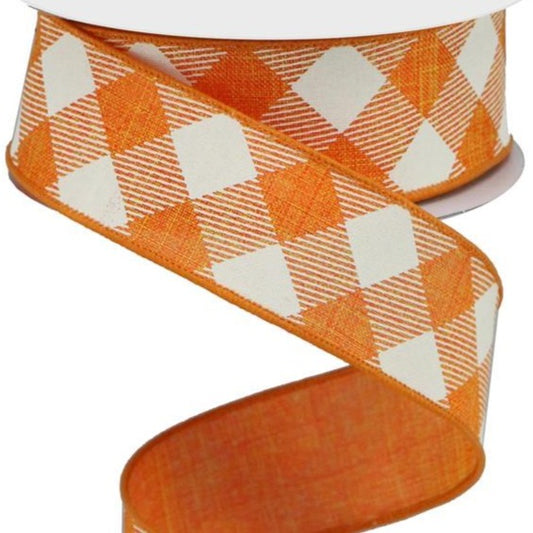 Wired Ribbon * Diagonal Check * Orange and Ivory * 1.5" x 10 Yards * RGA127320  * Canvas