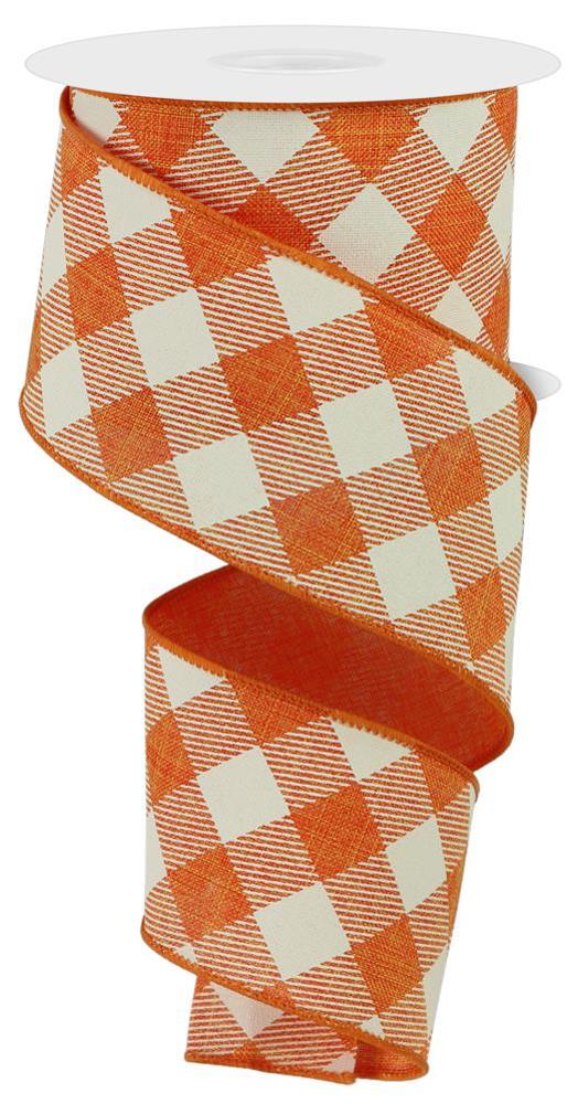 Wired Ribbon * Diagonal Check * Orange and Ivory * 2.5" x 10 Yards * RGA127420