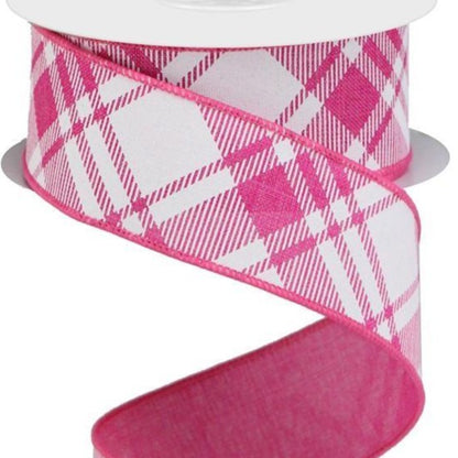 Wired Ribbon * Diagonal Stripe * Fuchsia and White * 1.5" x 10 Yards * RGA127607  * Canvas